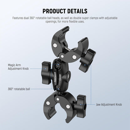 NEEWER Double Super Clamp Mount with Magic Arm, 360° Umbrella Flag Pole Clamp Holder for Desk Photo Studio Light Stand Photography Reflector Scrim Cross Bar Motorcycle Handlebar Stroller Chair, CA160