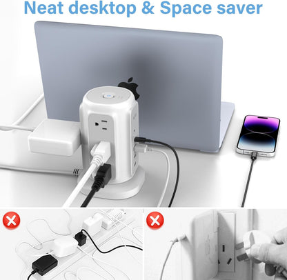 AiJoy Flat Plug Power Strip Tower with 9 Outlets and 5 USB Ports (2 USB-C), 1200J Surge Protection, 1625W Extension Cord with Multiple Outlets Charging Station for Home Dorm Office Supplies