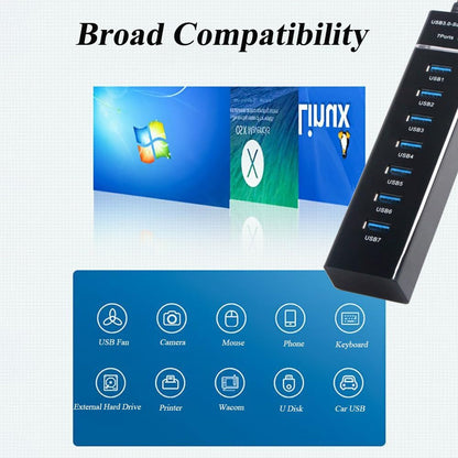 7 Ports USB Hub, Multiple Port USB Hub with Indictor Light, High Speed Data Transmission USB Adapter, Compatible with Mouse, Keyboard, Printer, Windows, MacOS, Linux