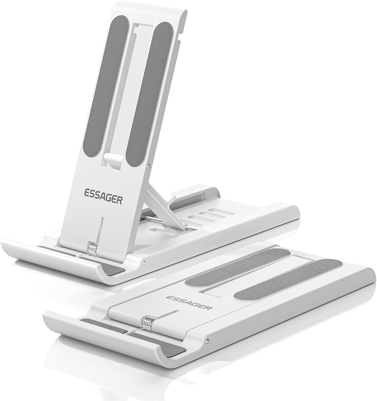 ESSAGER 2 Pack Cell Phone Stand, Adjustable Foldable Mini Mobile Phone Holder for Desk Compatible with iPhone/Kindles/Smartphones (White)