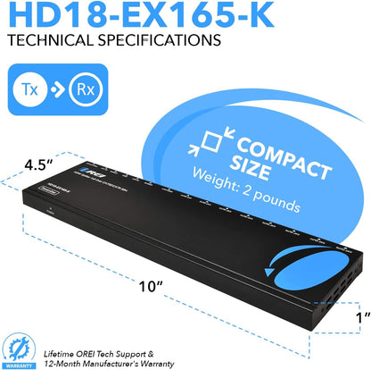 OREI 4K 1x8 HDMI Extender Splitter Multiple Over CAT 6/7 Cable with EDID management - 4K@30Hz upto 165ft and 1080p@60Hz upto 230ft- Loop Out