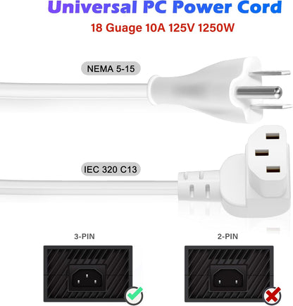 Adoreen 4 Ft Computer TV Replacement Power Cord White, 90 Degree Angled L-Shaped 18AWG 3-Prong AC Universal Power Supply Cable NEMA 5-15P to IEC 320 C13 for Printer, PC, Monitor TV LCD, ETL+Ties