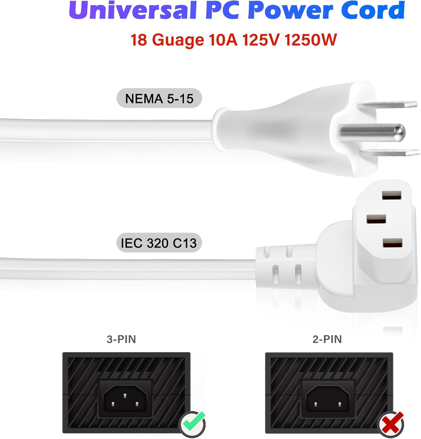 Adoreen 15 Ft Computer TV Replacement Power Cord White, 90 Degree Angled L-Shaped 18AWG 3-Prong AC Universal Power Supply Cable NEMA 5-15P to IEC 320 C13 for Printer, PC, Monitor TV LCD, ETL+Ties