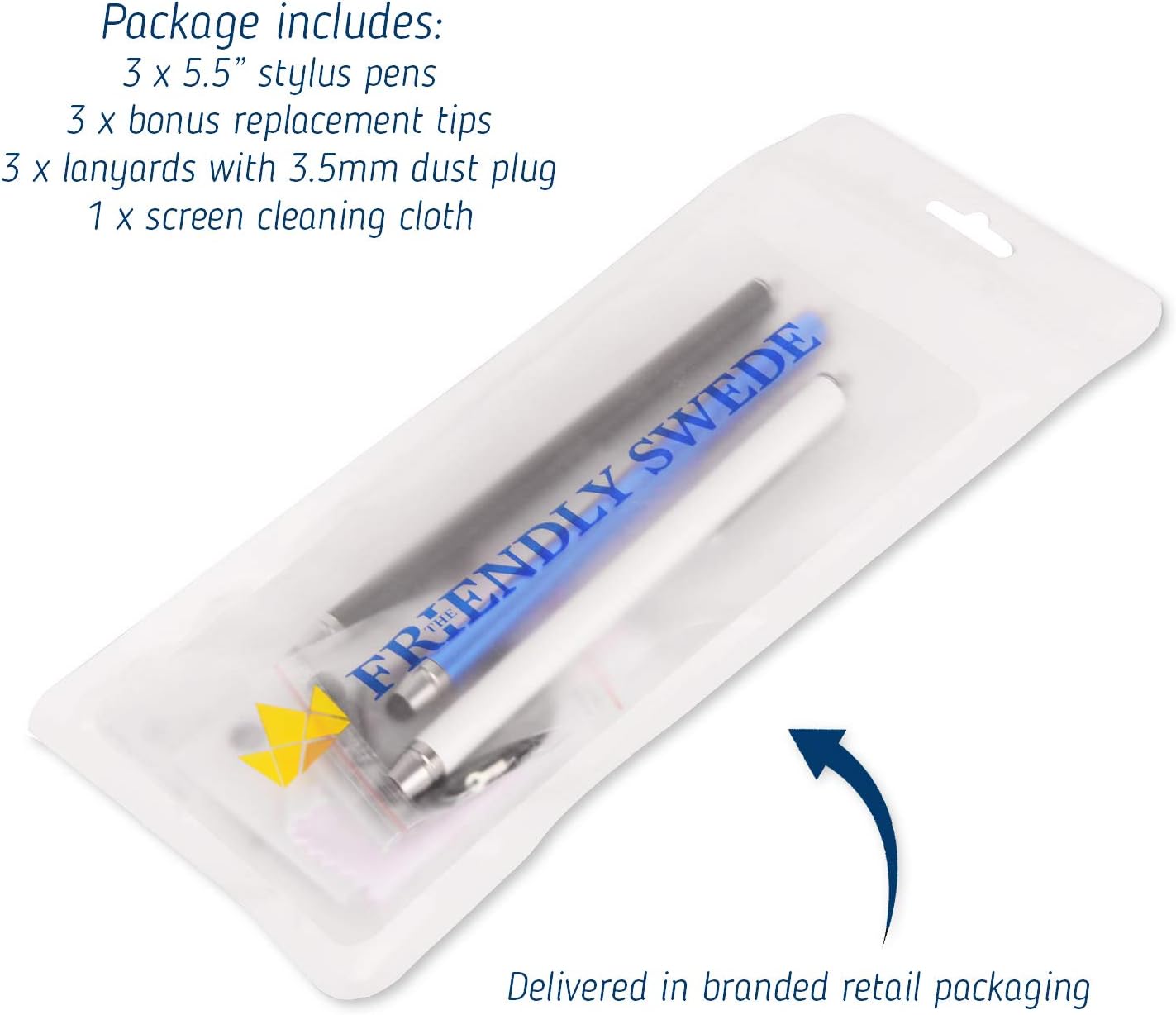 The Friendly Swede Stylus Pen for Touchscreen — 3-Pack 5.5" High Precision Stylus Pen with Replaceable Thin Tips, Elastic Lanyards & Screen Cleaning Cloth - Gold/Silver/Black