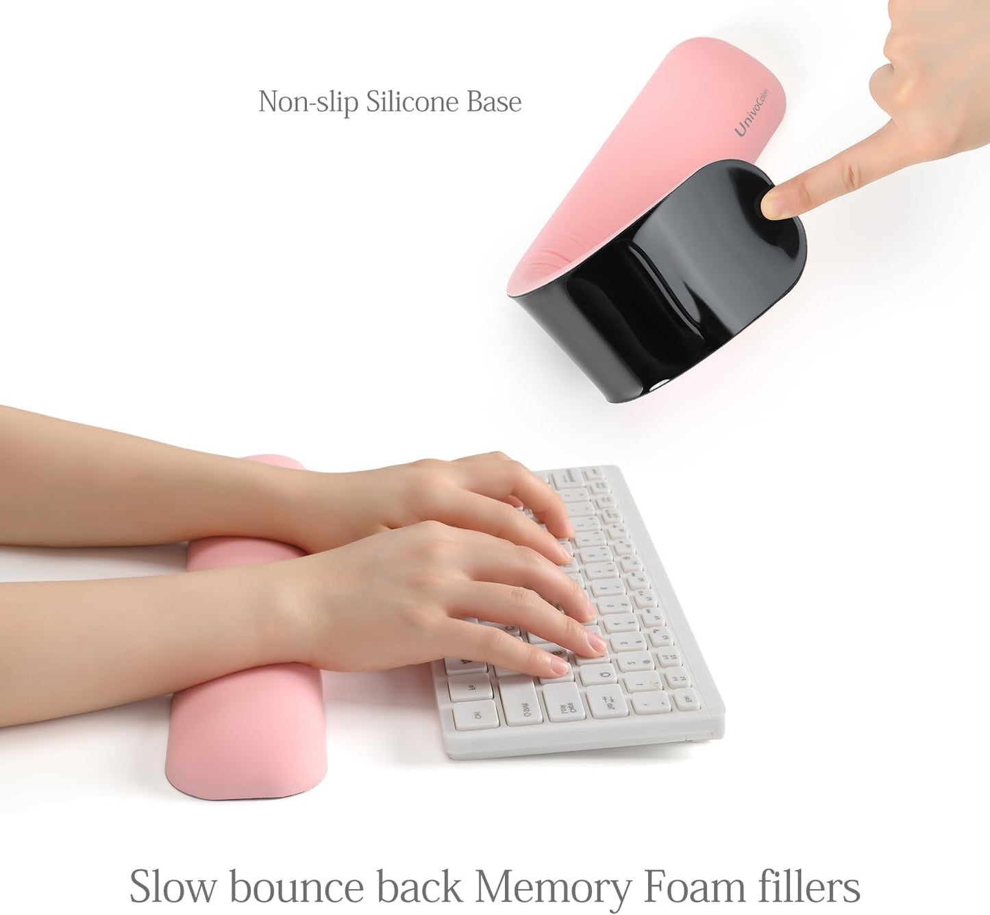 UnivoColors Design-Wave Keyboard Wrist Rest, Artificial Sheepskin+Memory Foam+Ergonomic+Anti-Slip Gel, Resilience Support During Work and Gaming,Keyboard Accessory,Pink