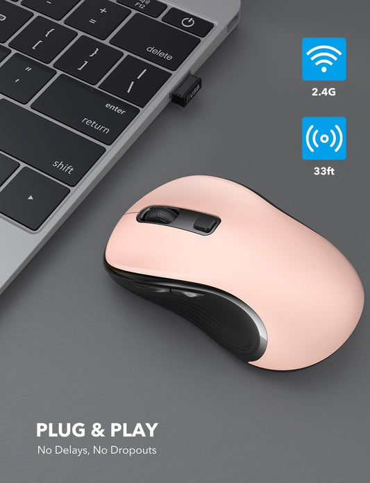 Trueque Wireless Mouse for Laptop, 2.4GHz Ergonomic Computer Mouse with Back & Forward Buttons, 3 Adjustable DPI Levels, 6 Buttons, Optical USB Cordless Mice for Windows Chromebook MacBook PC (Pink)