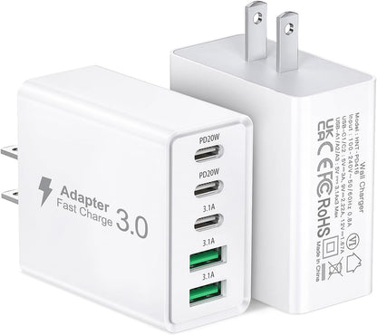 2Pack USB C Fast Charger Block,50W 5-Port USB C Wall Charger Brick,2 USB A & 3 USB C PD3.0 Power Adapter Multiport Type C Charging Plug for iPhone 16/15/14/13,Pad Mini/Pro,AirPods 4,GalaxyS23(White)
