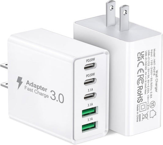 2Pack USB C Fast Charger Block,50W 5-Port USB C Wall Charger Brick,2 USB A & 3 USB C PD3.0 Power Adapter Multiport Type C Charging Plug for iPhone 16/15/14/13,Pad Mini/Pro,AirPods 4,GalaxyS23(White)