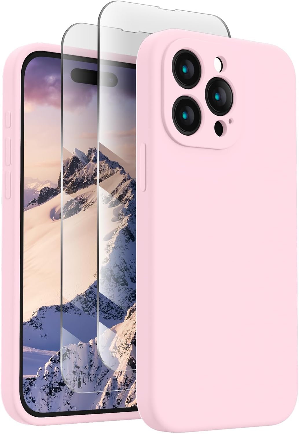 FireNova Designed for iPhone 15 Pro Case, Silicone Upgraded [Camera Protection] Phone Case with [2 Screen Protectors], Soft Anti-Scratch Microfiber Lining Inside, 6.1 inch, Chalk Pink