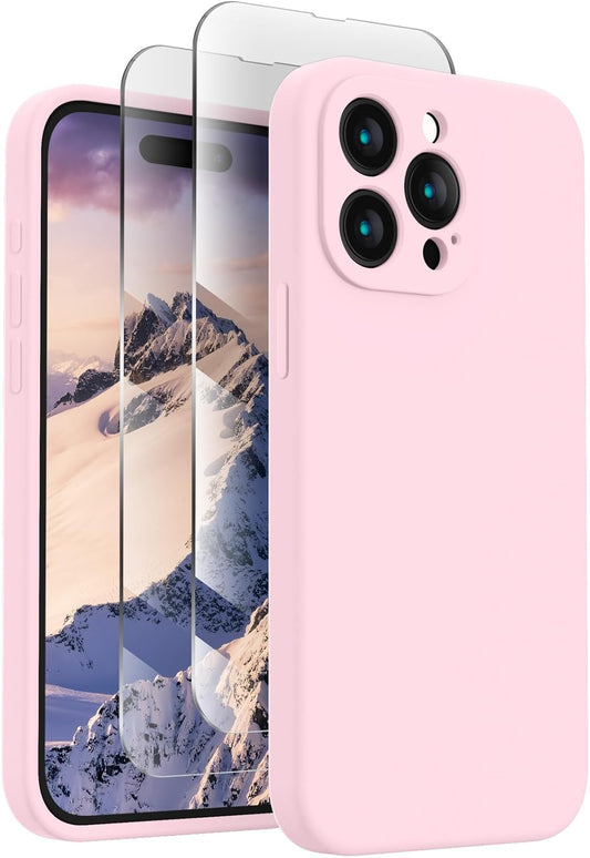 FireNova Designed for iPhone 15 Pro Case, Silicone Upgraded [Camera Protection] Phone Case with [2 Screen Protectors], Soft Anti-Scratch Microfiber Lining Inside, 6.1 inch, Chalk Pink