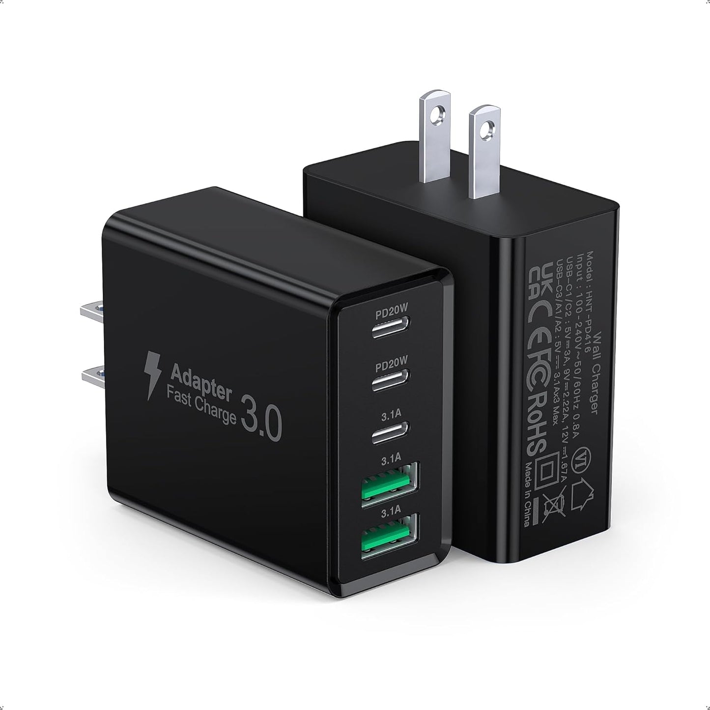 [2-Pack] USB C Wall Charger, 50W Type C Charger Block 5-Port Fast Charging Blocks,3USB C+2USB A Multiport Plug,PD Power Adapter Brick Cube for iPhone 16/15/14/13/12/Pro,iPad,Samsung,for Switch（Black）
