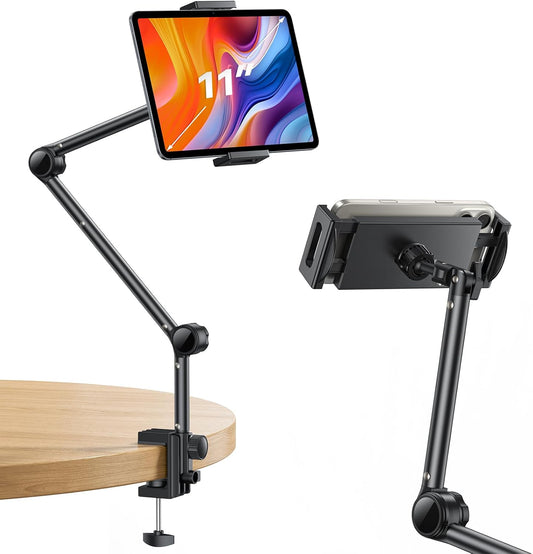 OMOTON Tablet Stand Mount for Desk, Adjustable Phone Holder for Bed with Metal Arm Fits for 4.7-11 Inches iPad Pro, Air/Mini, Kindle and Phones