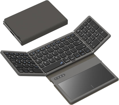Foldable Bluetooth Keyboard with Large Touchpad, Numeric Keypad, PU Leather, Wireless Travel Keyboard for Windows, iOS, Android, Mac (Grey)