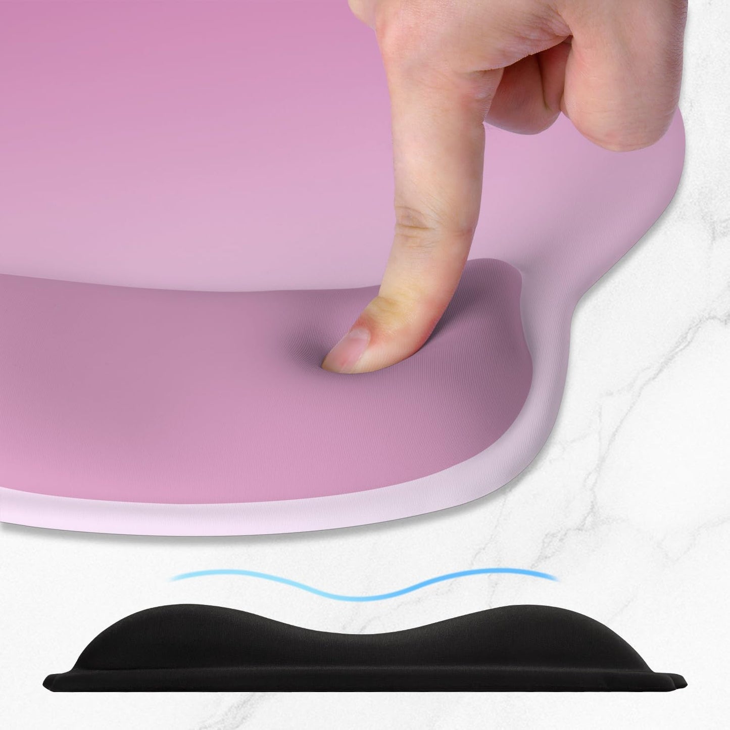 ITNRSIIET Ergonomic Mouse Pad with Wider Memory Foam Wrist Rest +17%, Curved Cushion Reduces Pressure 20%, Pain Relief, Non-Slip, Smooth, Cute Color Desk Accessory, 9.85 x 9 inch, Soft Pink Gradient