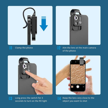 200X Phone Mini Pocket Microscope, Zoom Mobile Phone External Lens, Portable Digital Microscope Camera Attachments, with CPL Lens LED Light, Universal Clip Design (Black)