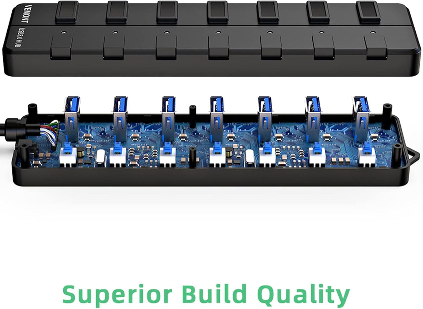 VEMONT USB hub,Computer Peripheral Equipment 7-Port USB 3.0 hub with 5V2A Power Adapter and Individual On/Off Switches,USB Charging hub 4ft/1.2m Long Cable