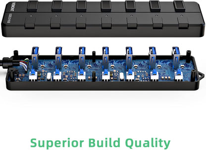 VEMONT USB hub,Computer Peripheral Equipment 7-Port USB 3.0 hub with 5V2A Power Adapter and Individual On/Off Switches,USB Charging hub 4ft/1.2m Long Cable
