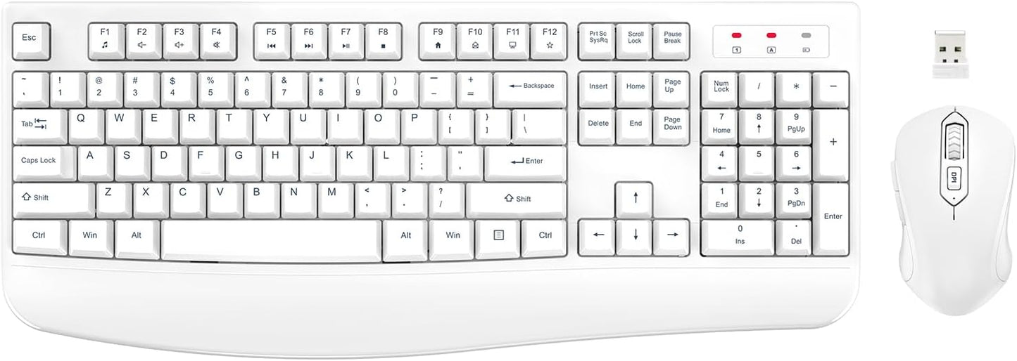 Wireless Keyboard and Mouse Combo, EDJO Full-Sized Ergonomic Computer Keyboard with Wrist Rest and 3 Level DPI Adjustable Wireless Mouse for Windows, Mac OS Desktop/Laptop/PC (White)