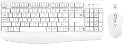 Wireless Keyboard and Mouse Combo, EDJO Full-Sized Ergonomic Computer Keyboard with Wrist Rest and 3 Level DPI Adjustable Wireless Mouse for Windows, Mac OS Desktop/Laptop/PC (White)