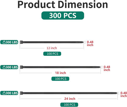 Zip Ties Assorted Sizes 300 Pack,12+14+18 Inch, 300LBS Tensile Strength Heavy Duty Self-locking Nylon Black Cable ties for Indoor Outdoor