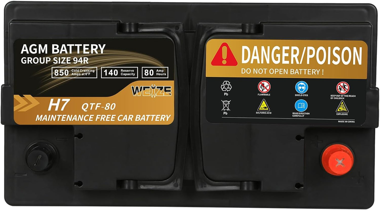 Weize Platinum AGM Battery BCI Group 94R - 12v 80ah H7 Size 94R Automotive Battery, 140RC, 850CCA, 36 Months Warranty, Dimensions 12.4" L x 6.89" W x 7.48" H