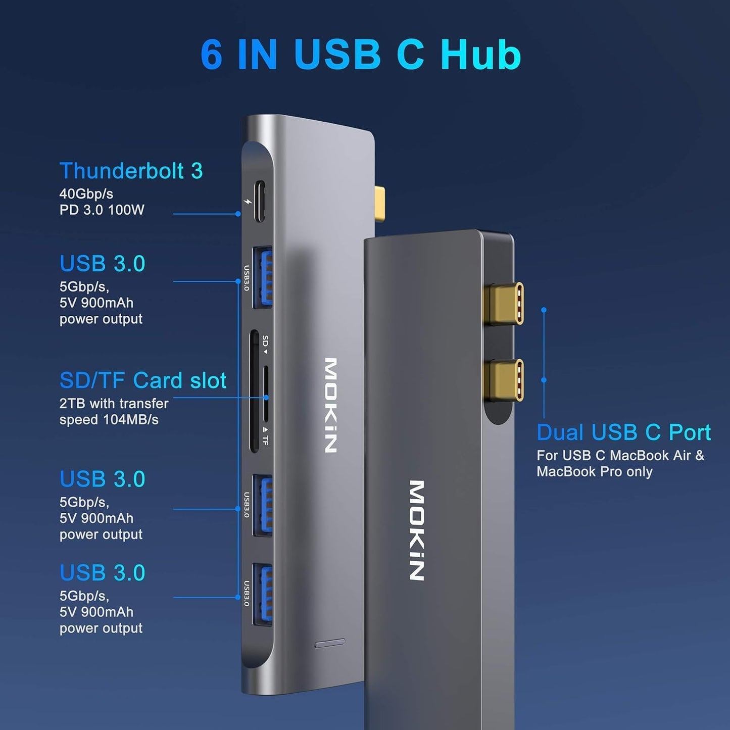 USB C Adapter for MacBook Pro/Air M1 M2 2021 2020 2019 2018,MOKiN Hub MacBook Pro Accessories with 3 USB 3.0 Ports,USB C to SD/TF Card Reader and 100W Thunderbolt 3 PD Port