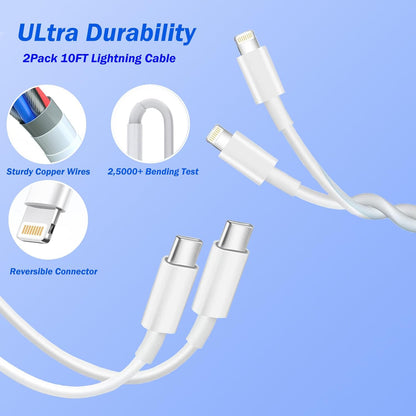 iPhone Fast Charger, [Apple MFi Certified] 2 Pack PD USB C Wall Charger Block Plug with 10FT Extra Long Type C to Lightning Fast Charging Data Sync Cable for iPhone 14 13 12 11 XR X 8 iPad and More