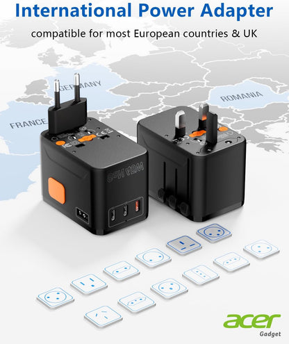 Acer 45W GaN Universal Travel Plug Adapter - International Power Adapter with 3 USB C & 1 USB A, Worldwide Power Outlet Travel Essentials for USA to European UK AUS Ireland, Type C/G/I/A, Black