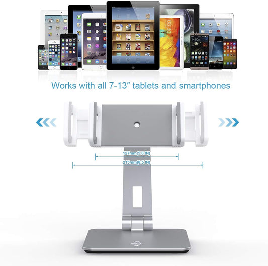KABCON Tablet Stand Holder, Tightness Adjustable Multi-Angle Foldable Eye-Level Aluminum Solid Tablets Stands Dock for 4''-14''Tablets/Phone, iPad Series,Samsung Galaxy Tabs,Kindle Fire,Etc.