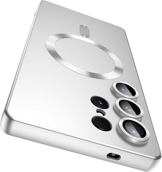 Magnetic for Samsung Galaxy S25 Ultra Case [Compatible with MagSafe][Built-in Camera Lens Protector] Slim Soft Silicone Bumper Shockproof Metallic Luster Phone Shell (Silver)