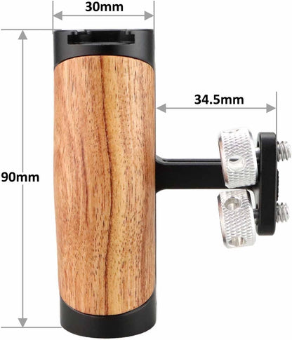 Side Handle Wooden Handgrip with Two 1/4"-20 Screws for DSLR Camera Vlog Camera Cage, Portable Mini Handle for Left/Right Hand with Cold Shoe 1/4" 3/8" ARRI Thread, Up and Down Adjustable