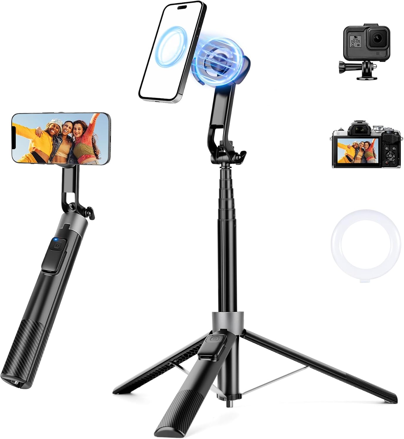 Magnetic Tripod for iPhone, 69" Phone Tripod Selfie Stick with Rechargeable Remote & 2 in 1 Phone Holder, Extendable Cell Phone Stand for Recording Travel, Compatible with iPhone and Android Phone