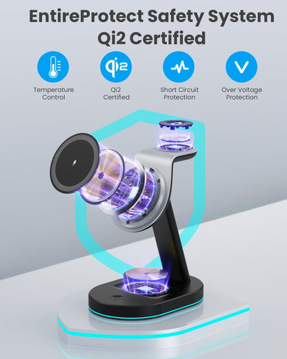 3 in 1 Wireless Charger Charging Station for iPhone,Qi2 Certified 15W Magnetic Charging Stand for Mag-Safe with 30W USB C Adapter&Friendly Night Light for iPhone 16/15/14/13/12,Apple Watch,AirPods