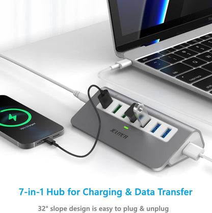 Powered USB-C 7-Port Hub, USB 3.2 Gen 2 Adapter - 4x 10Gbps Data, 3x 3.3ft Charging Ports, 30W Power Adapter for Laptop, PC, MacBook