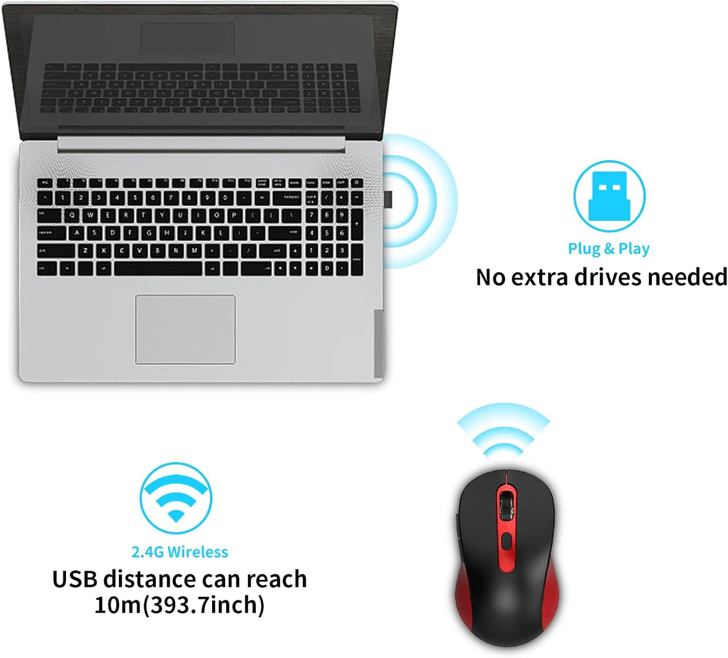 Wireless Mouse for Laptop, PC, Chromebook, Mac, MacBook, Silent Mouse with USB Nano Receiver, Side Button, 2400 DPI, Anti Slip Roller, 6 Button Ergonomics Cordless Computer Mice - Black Red