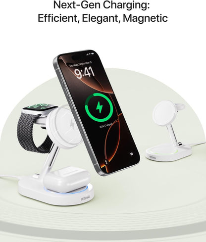 Intoval Fast Charging Station for Magsafe Apple Devices, Wireless Charger for MagSafe iPhones, 3 in 1 Magnetic Charger Stand for iPhone16/15/14/13, Apple Watch & AirPods.(White)