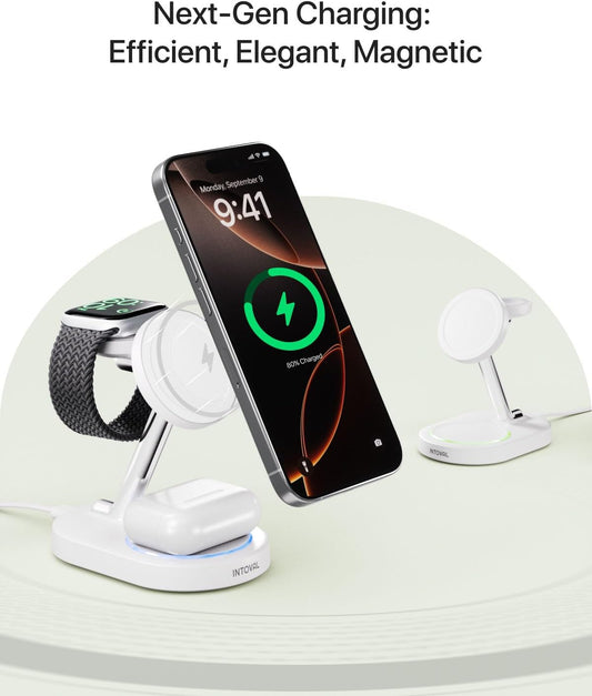 Intoval Fast Charging Station for Magsafe Apple Devices, Wireless Charger for MagSafe iPhones, 3 in 1 Magnetic Charger Stand for iPhone16/15/14/13, Apple Watch & AirPods.(White)