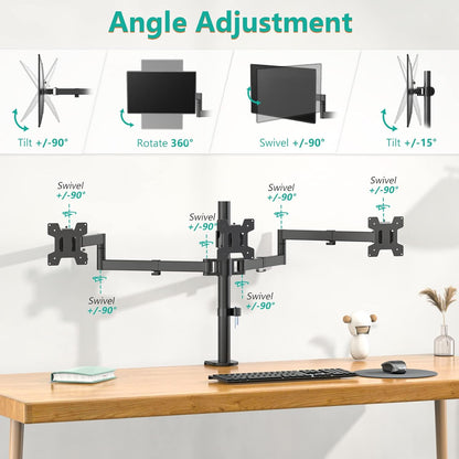 WALI Triple Monitor Mount, 3 Monitor Desk Mount for 13-27 inch Computer Screens, Holds up to 22 lbs, Triple Monitors Stand for Desk, with Tilt, Swivel, Rotation, VESA 75/100mm (M003S), Black