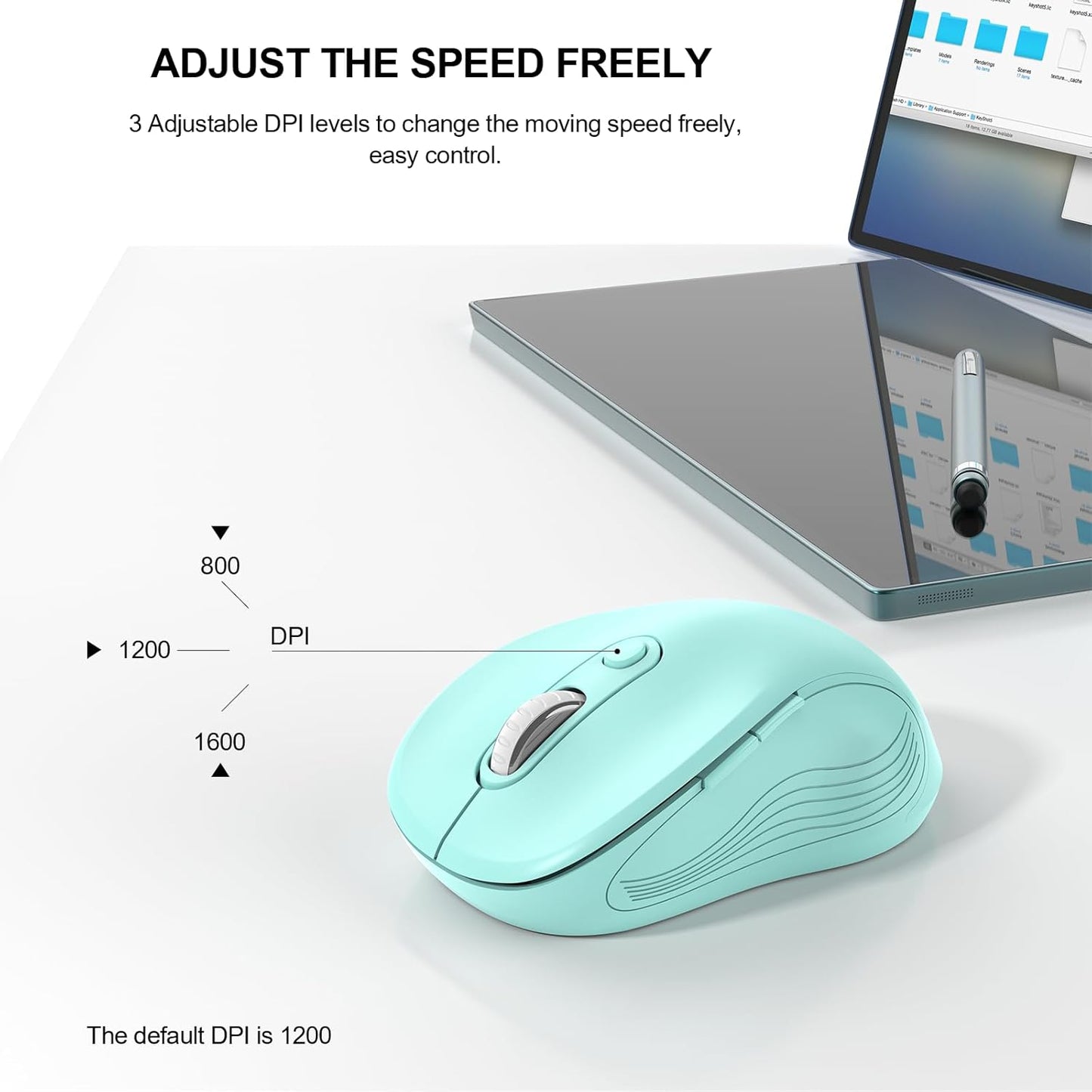WisFox 2.4G Wireless Mouse for Laptop, Ergonomic Computer Mouse with USB Receiver and Type-C Adapter, 3 Adjustable Levels DPI, 6 Button Cordless Wireless Mice (Mint Green)