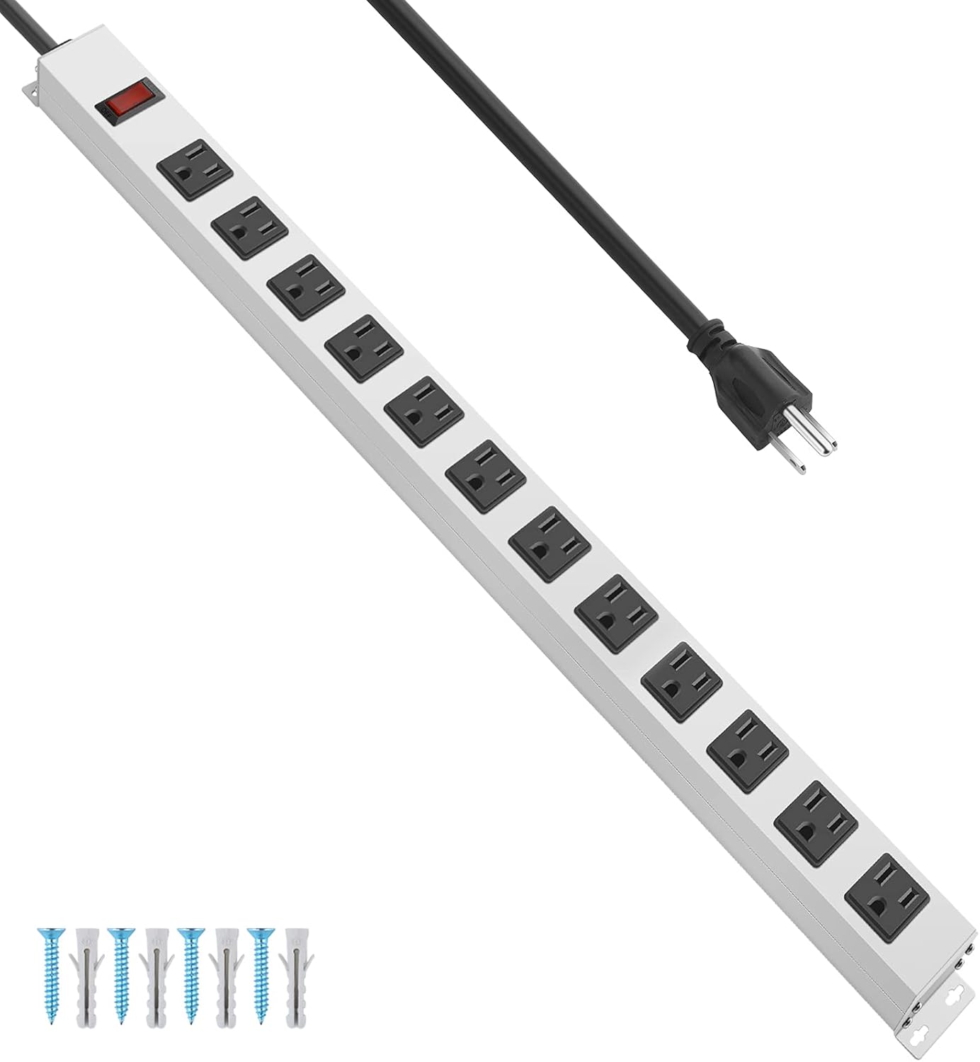 JUNNUJ Metal 12 Outlet Power Strip, Mountable Heavy Duty Power Strip, 1200J Surge Protector Wall Mount Screws Outlet with Switch, Gaming Desk Strips Wide Spaced 15A 125V 1875W, 10 FT 14AWG Power Cord