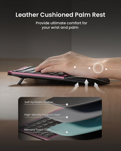 ProtoArc Ergonomic Wireless Keyboard Mouse, EKM01 Plus Full Size Ergo Bluetooth Keyboard Mouse Combo, Split Design, Wrist Rest, Multi-Device, Rechargeable, for Windows/Mac OS - Wine Red