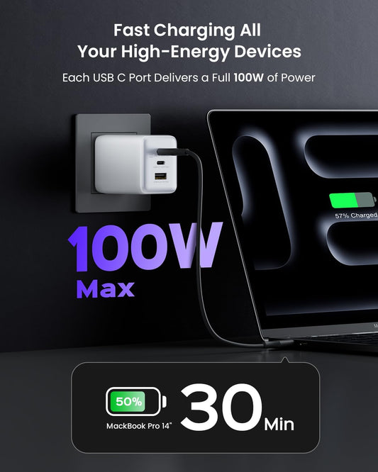 100W USB C Charger Block, 3-Port Compact Foldable Power Adapter USB Wall Charger for MacBook Pro/Air, Dell XPS, iPad Pro, iPhone Series, Galaxy S25/S24, and More