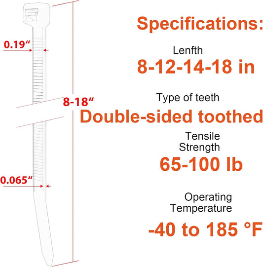 Zip Ties Assorted Size,8+12+14+18 Inch Double Sided Toothed,100 LBS Tensile Strength Heavy Duty Cable Wire Ties With Self-Locking Adjustable More Durable Nylon Tie Wraps for Indoor Outdoor（400 Pack）