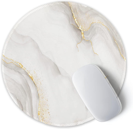 ITNRSIIET Round Mouse Pad with Stitched Edge Premium-Textured Waterproof Non-Slip Rubber Base Desktop Protection Mat Diameter 8.7 inches, White marbling