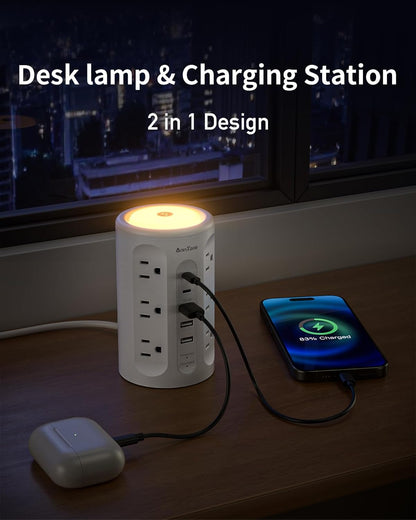 Power Strip Tower with Night Light, 15W Surge Protector Power Strip with USB Ports, 10 FT Extension Cord with Multiple Outlets (12AC+3A+2C) for Home Office Desk DormRoom (White)