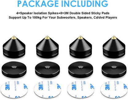 4Pcs Speaker Isolation Spikes Floor Protectors Shockproof Speaker Isolation Spikes with Base Pad for Speaker,Subwoofer,Amplifier,Turntable,Recorder CD DAC with 3m Adhesive (Black)