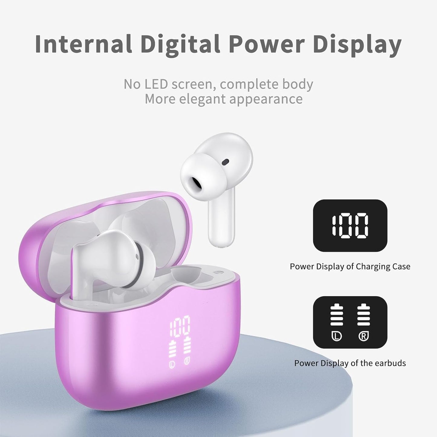 Wireless Earbuds, Bluetooth 5.4 Headphones in Ear with 4 ENC Noise Cancelling Mic, New Wireless Earphones HiFi Stereo Deep Bass 40H Playtime, in-Ear Bluetooth Earbuds LED Display IP7, USB-C, Violet
