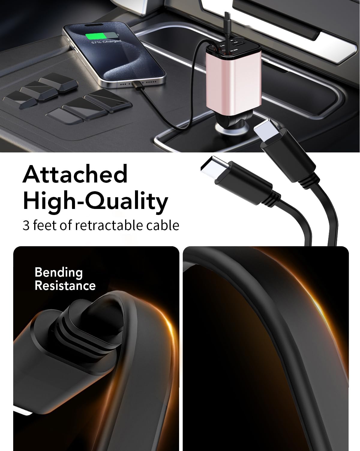 Retractable Car Charger, 4 in 1 Fast Car Phone Charger 69W, 2 Retractable Cables and 2 USB Port, Compatible with iPhone 16/15/14/13/12/11,Galaxy,Pixel
