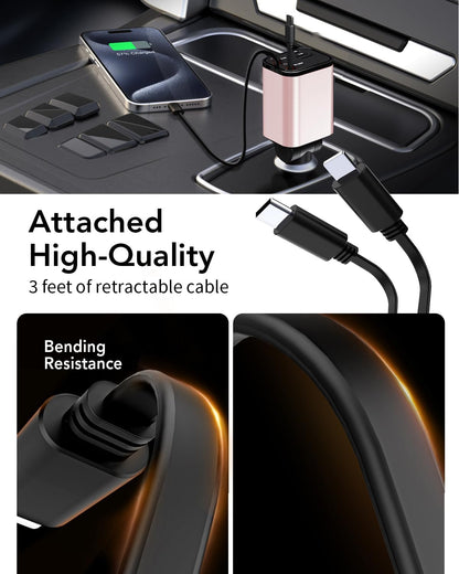 Retractable Car Charger, 4 in 1 Fast Car Phone Charger 69W, 2 Retractable Cables and 2 USB Port, Compatible with iPhone 16/15/14/13/12/11,Galaxy,Pixel