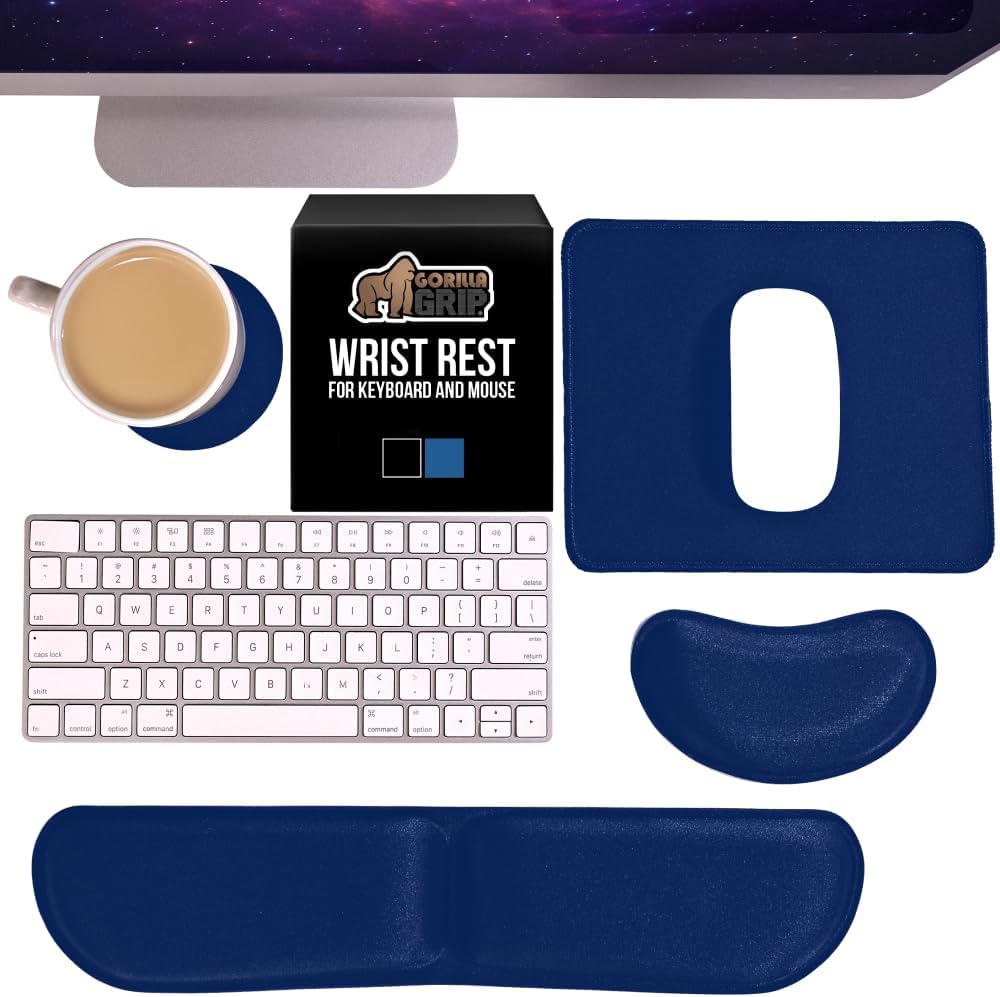 GORILLA GRIP Silky Gel Memory Foam Keyboard Wrist Rest and Mouse Pad for Computer, Ergonomic Design Typing Support, Desk Office Supplies, Hand & Arm Mousepad Cushion and Coaster 4 Piece Set Navy Blue